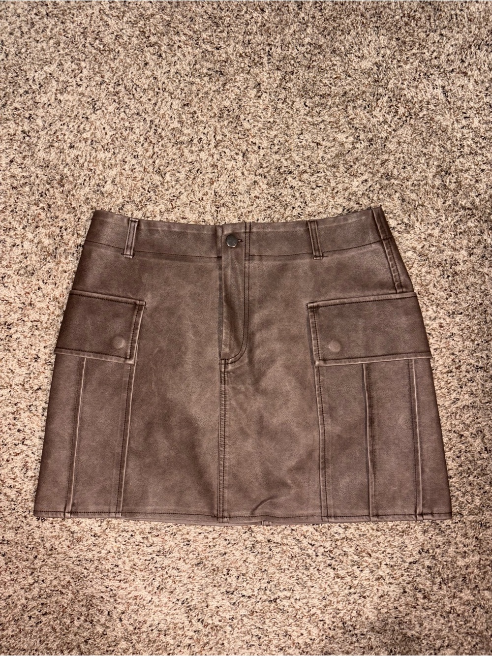 Faux-Leather Utility Mini Skirt in Brown